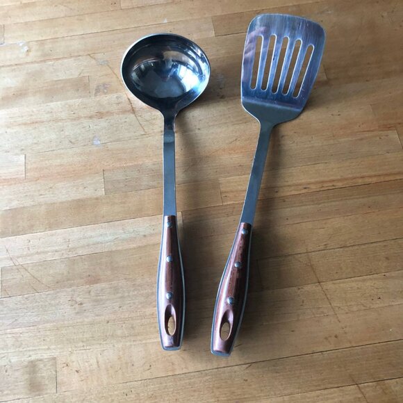 Spatula Flipper Turner & Ladle Stainless Steel Brown Plastic Handles Kitchenware - Picture 1 of 7